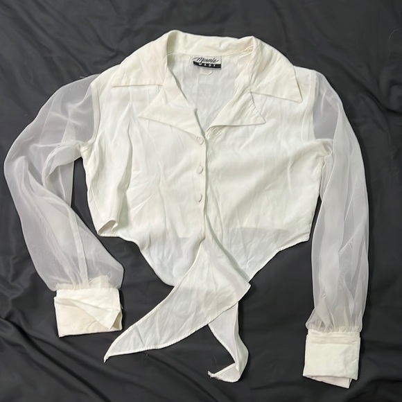 Vintage Marnie West Chiffon Sleeve Cropped Tie Button Up Blouse - Picture 1 of 4